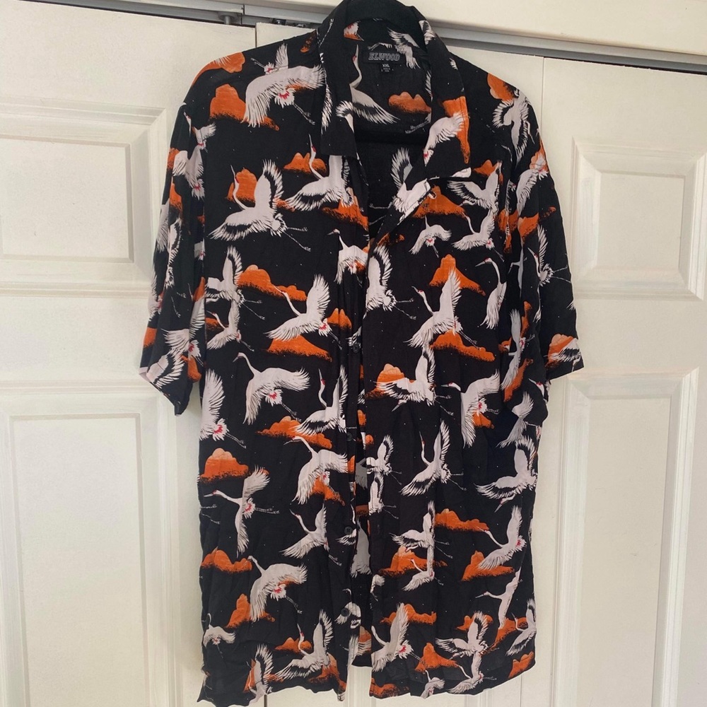 Elwood XXL Cranes Black & White Rayon Button Down